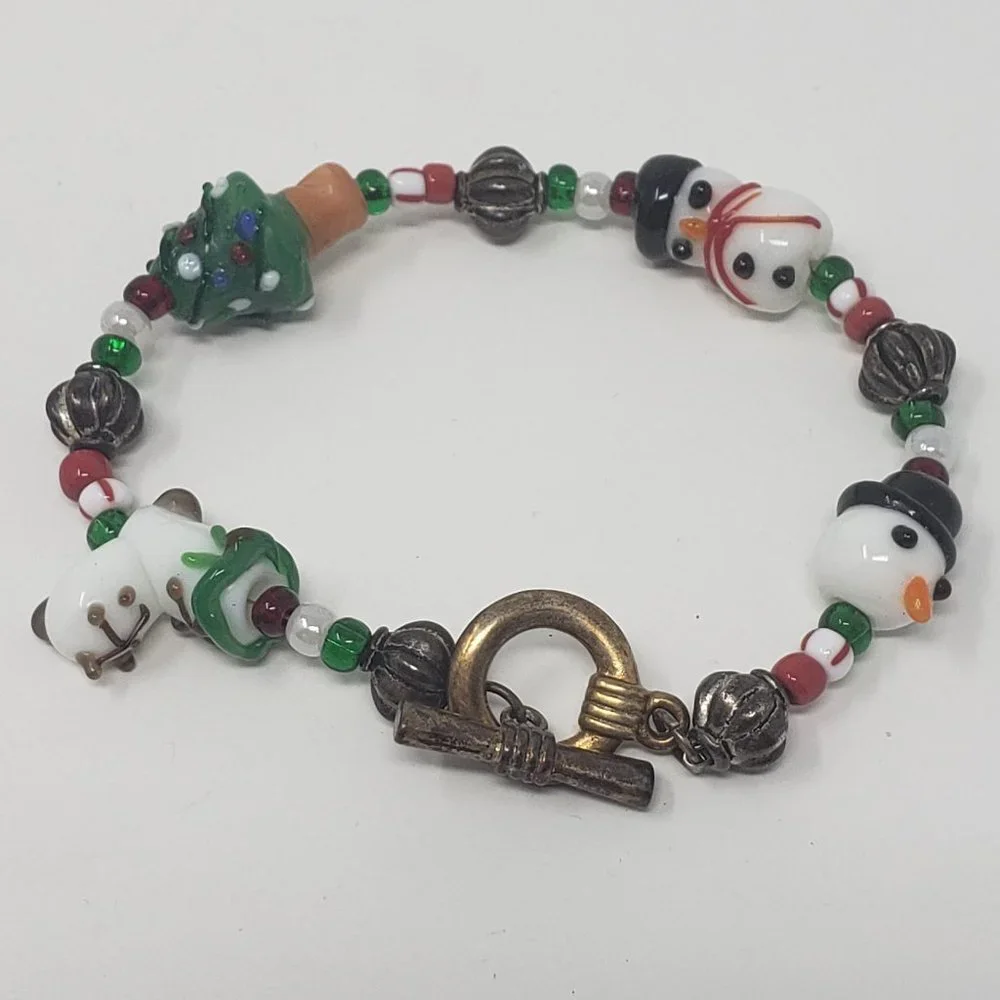 Christmas Art Glass Bead Bracelet Snowman Tree